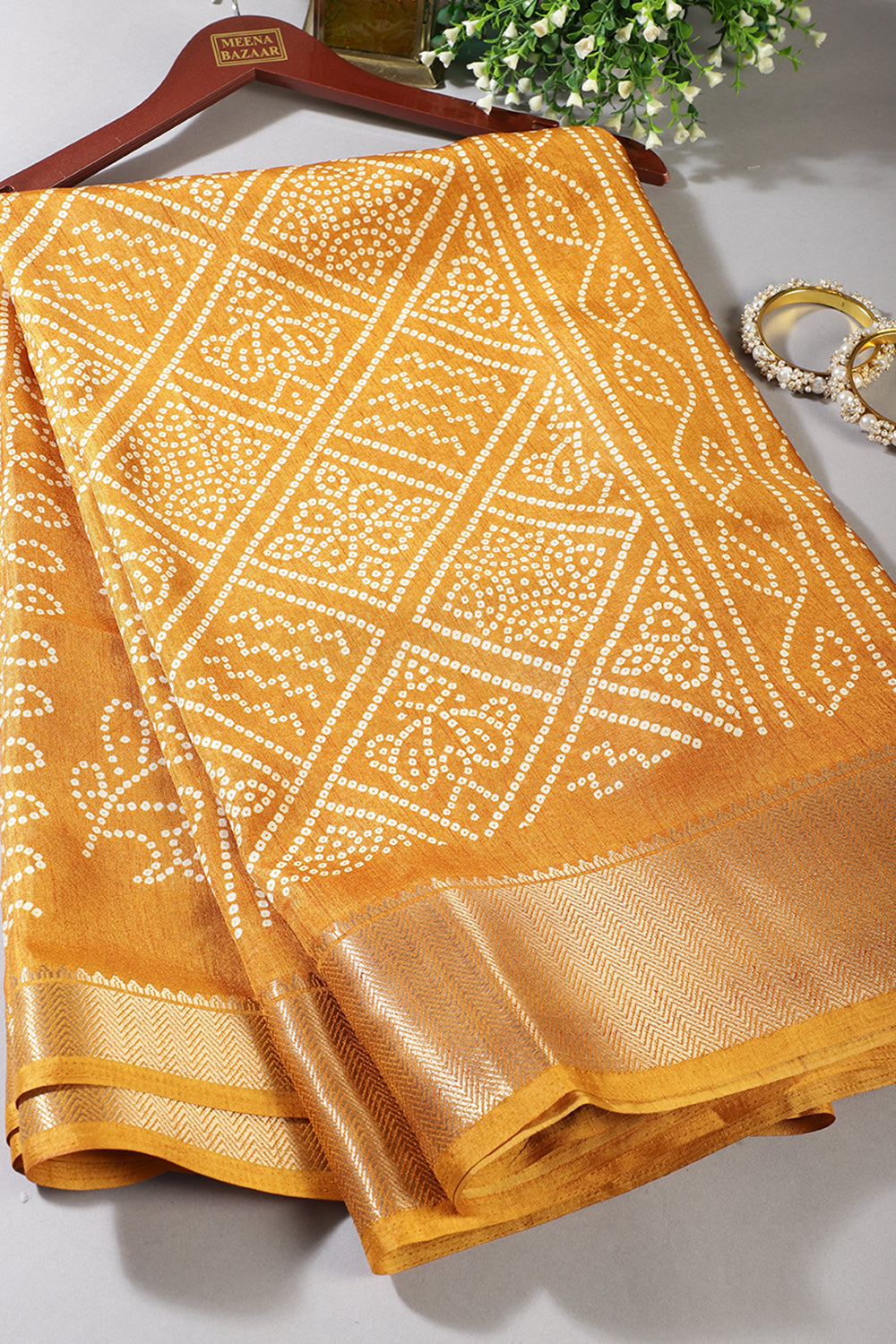 Mustard Color Block Printed Cotton Silk Saree