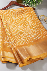 Mustard Color Block Printed Cotton Silk Saree