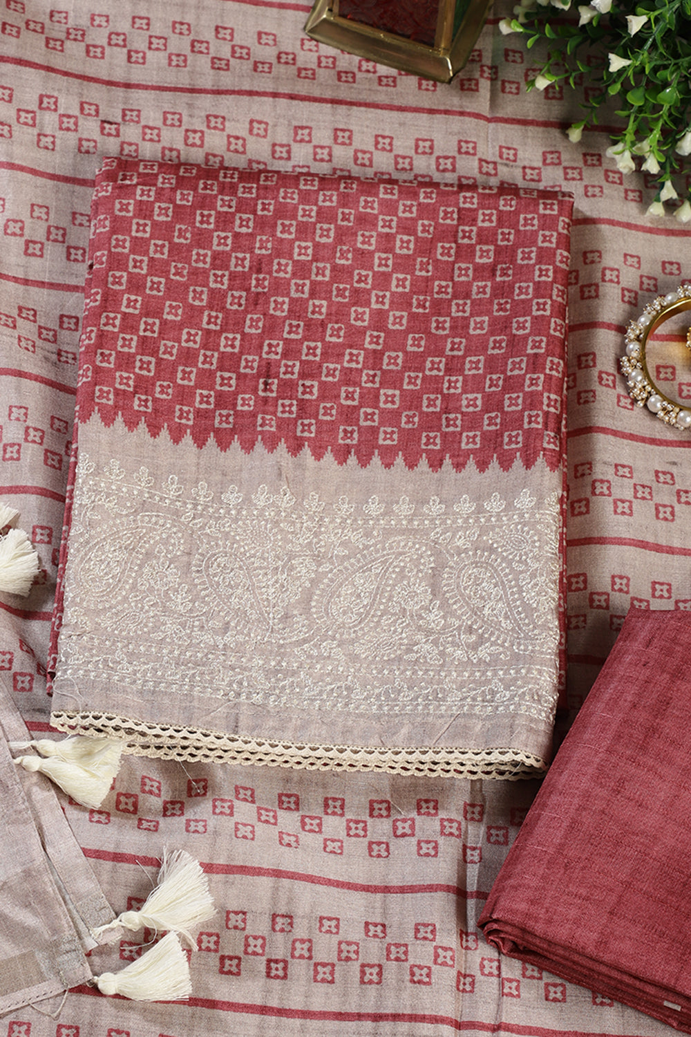 Copper Rust Tussar Cotton Printed And Reham Embroidered Unstiched Suit Material