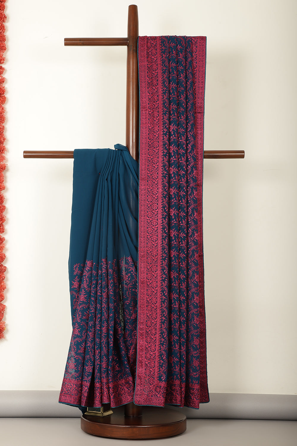 Nile Blue & Pink Georgette Resham Floral Jal Woven And Swarovski Work Saree