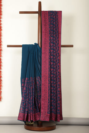 Nile Blue & Pink Georgette Resham Floral Jal Woven And Swarovski Work Saree