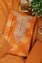 Mustard Cotton Bandhani Printed & Neck Embroidered Unstitched Suit