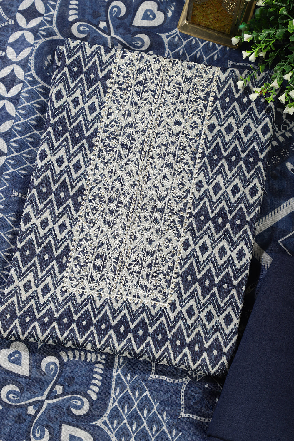 Navy Blue Cotton Silk Printed and Neck Embroidered Unstitched Suit