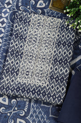 Navy Blue Cotton Silk Printed and Neck Embroidered Unstitched Suit