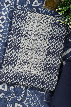Navy Blue Cotton Silk Printed and Neck Embroidered Unstitched Suit