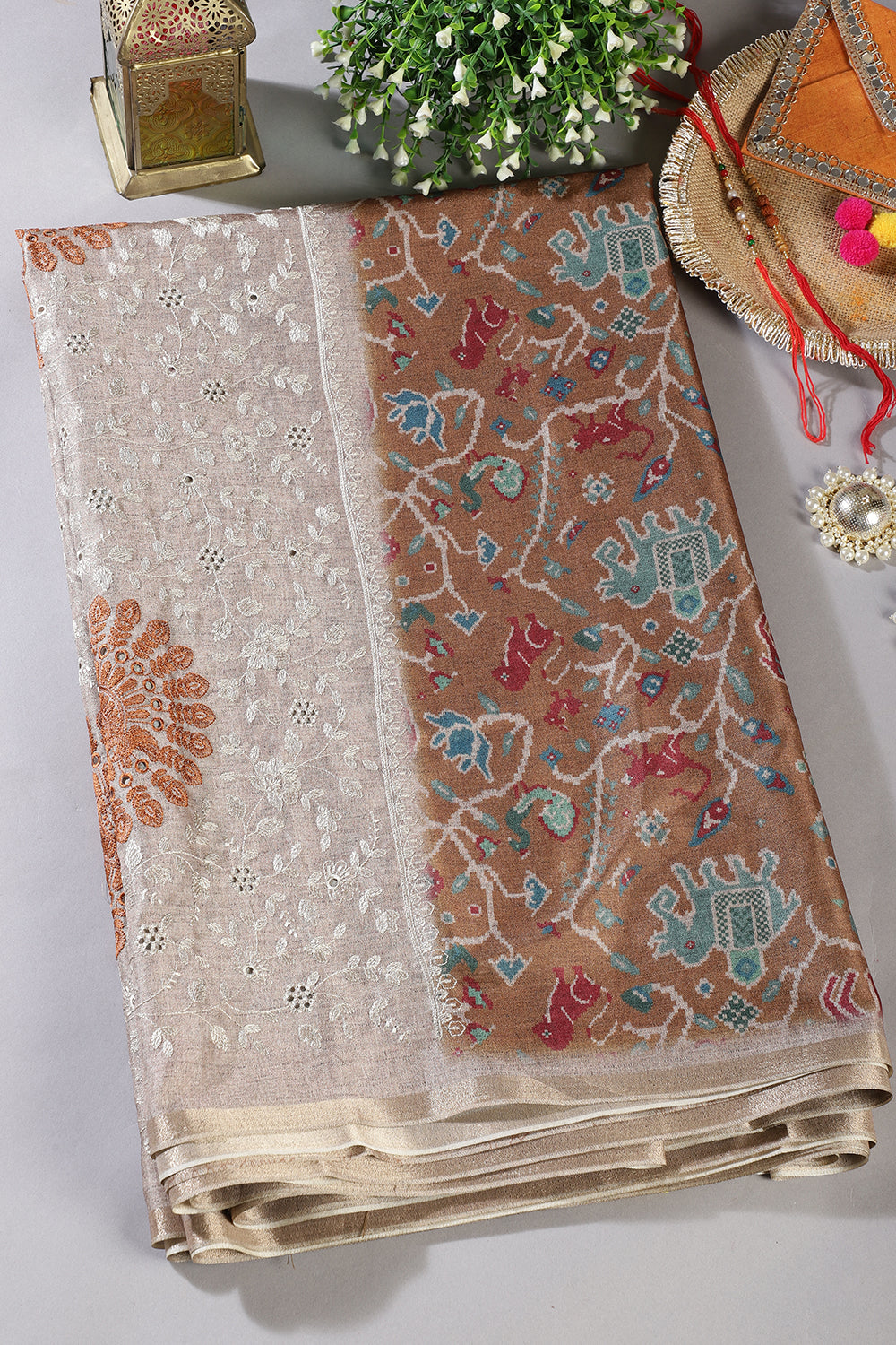 Golden Brown Tussar Silk Printed Saree