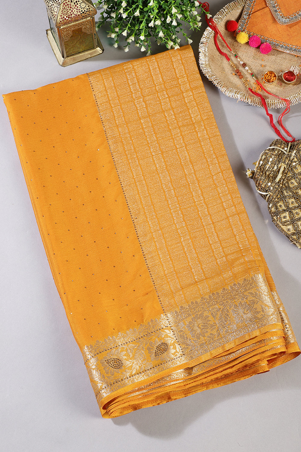 Mustard Chinon Crepe Swaroski Work Saree