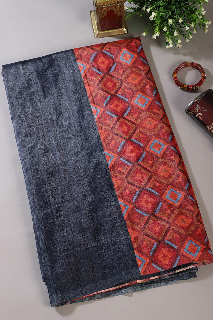 Navy Printed Tussar Silk Saree