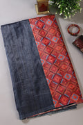 Navy Printed Tussar Silk Saree