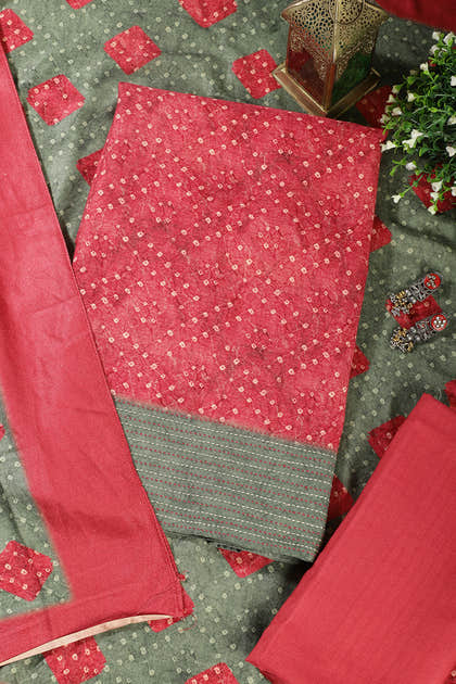 Red Spun Bandhani Printed Unstitched Suit Fabric