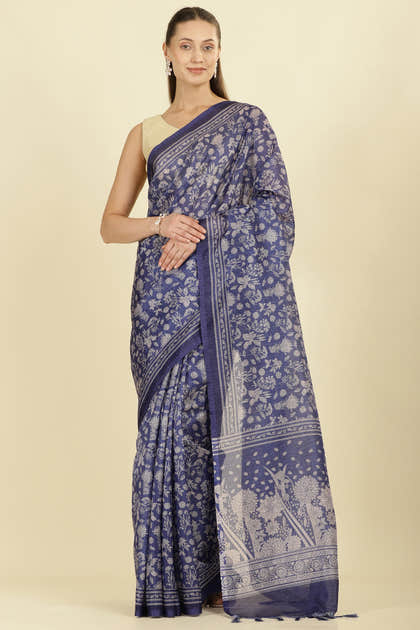 Indigo Kota Cotton Floral Jaal Printed Saree
