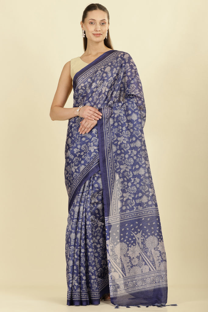 Indigo Kota Cotton Floral Jaal Printed Saree
