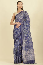 Indigo Kota Cotton Floral Jaal Printed Saree