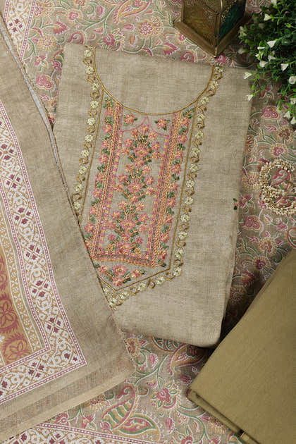 Light Mehandi Green Cotton Resham Embroidered Unstitched Suit