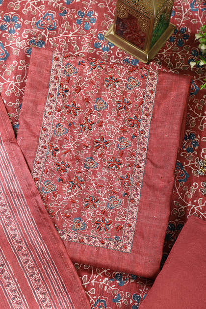 Maroon Chanderi Silk Mirror & Resham worked Unstitched Suit