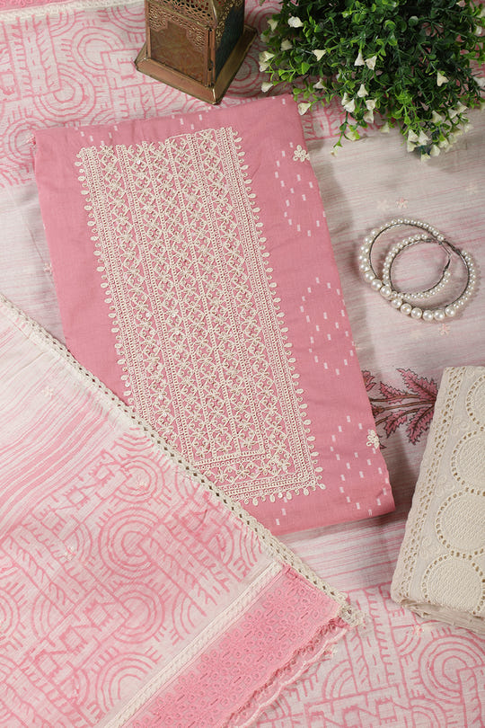 Pink Colour Cotton Printed & Resham Neck Embroidered Unstitched Suit