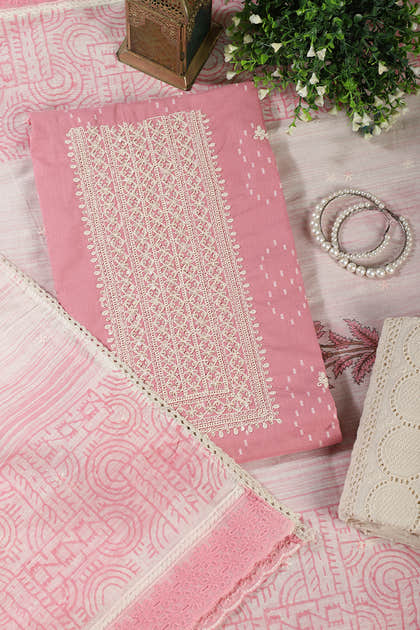 Pink Colour Cotton Printed & Resham Neck Embroidered Unstitched Suit