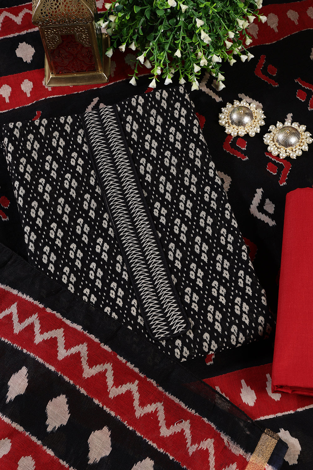 Black Ikkat Cotton Printed Unstitched Suit Material