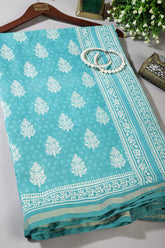 Sea Green Color Cotton Hand-Block Style Printed Saree