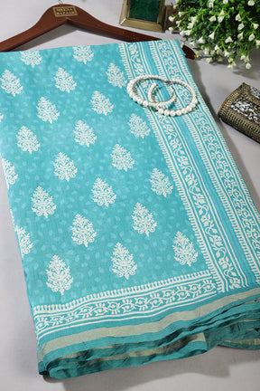Sea Green Color Cotton Hand-Block Style Printed Saree