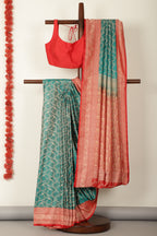 Teal & Red Dual Toned Silk Floral Jal Woven Saree