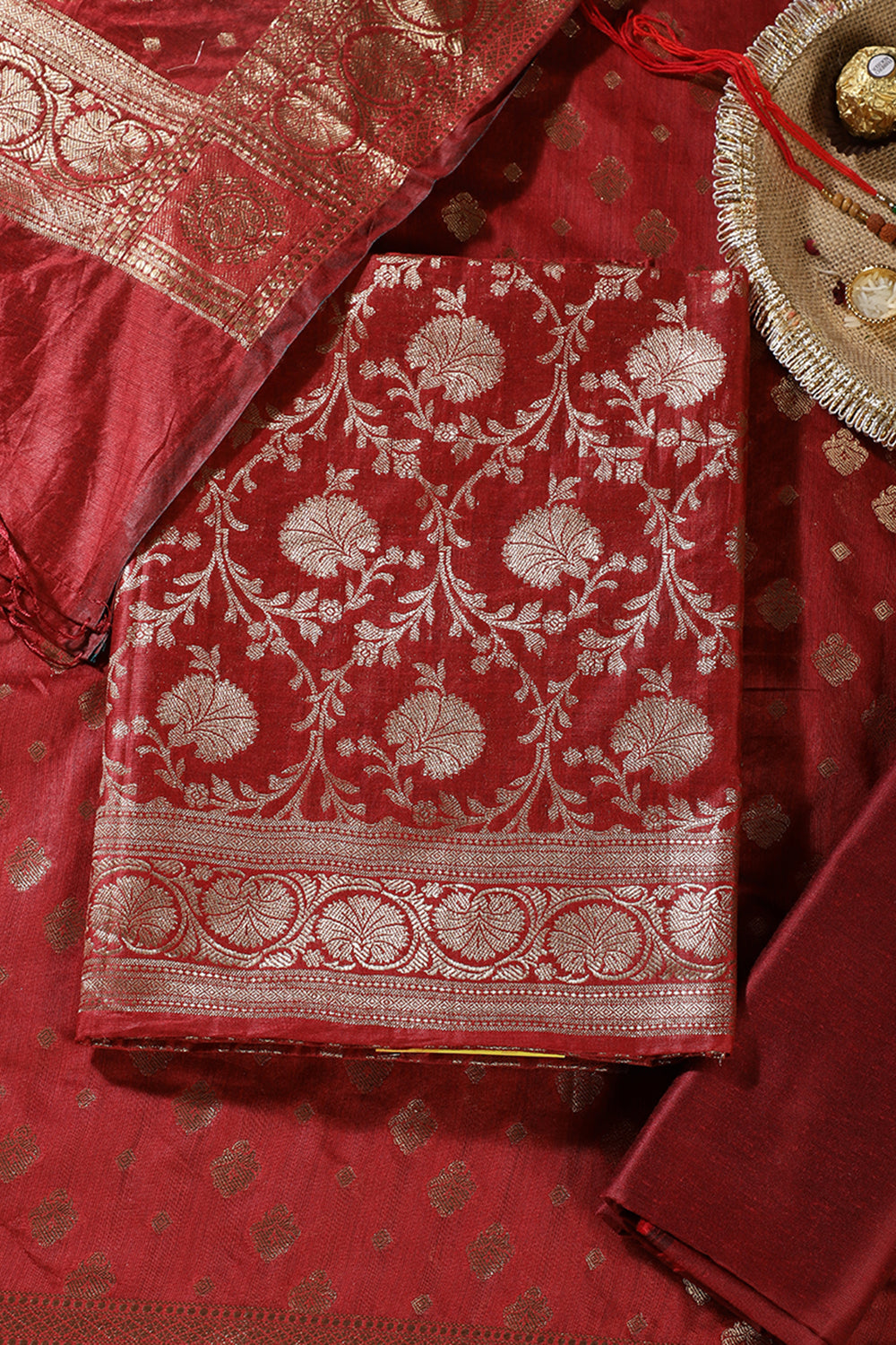 Maroon Colour Zari Woven Silk Unstitched Suit Fabric