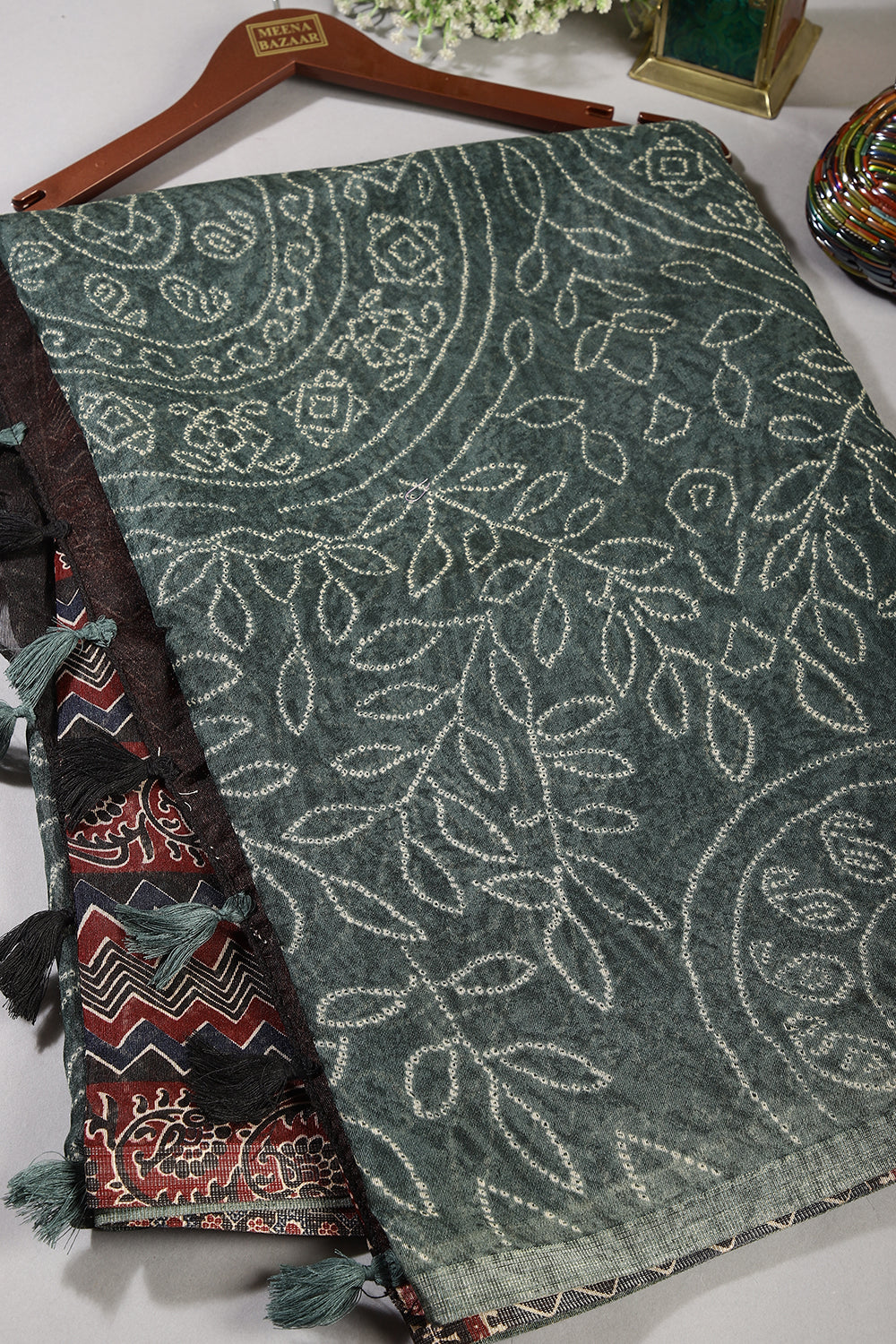 Bottle Green Color Chanderi Cotton Bandhani & Kalamkari Printed Saree