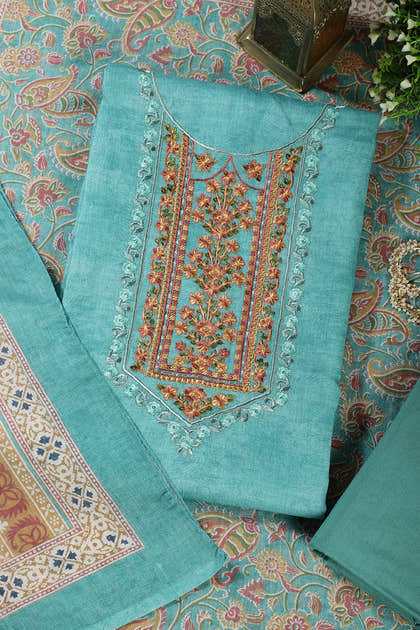 Seagreen Linen Cotton Resham Embroidered Unstitched Suit