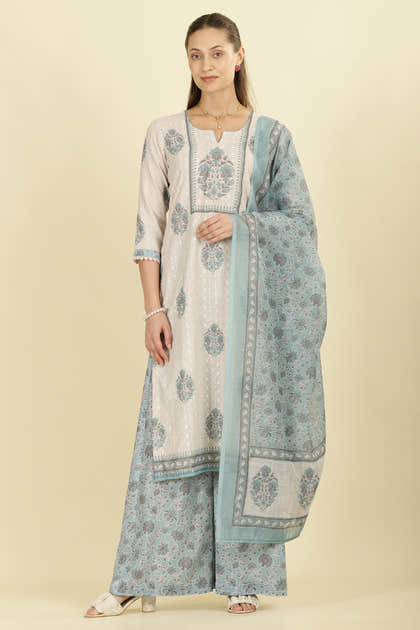Cream Chanderi Cotton Hacoba Style & Floral Printed Unstitched Suit Material