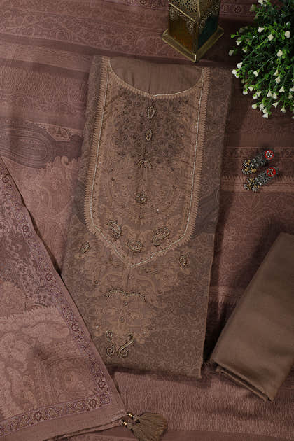 Brown Floral Jaal Printed Spun Unstitched Suit Material