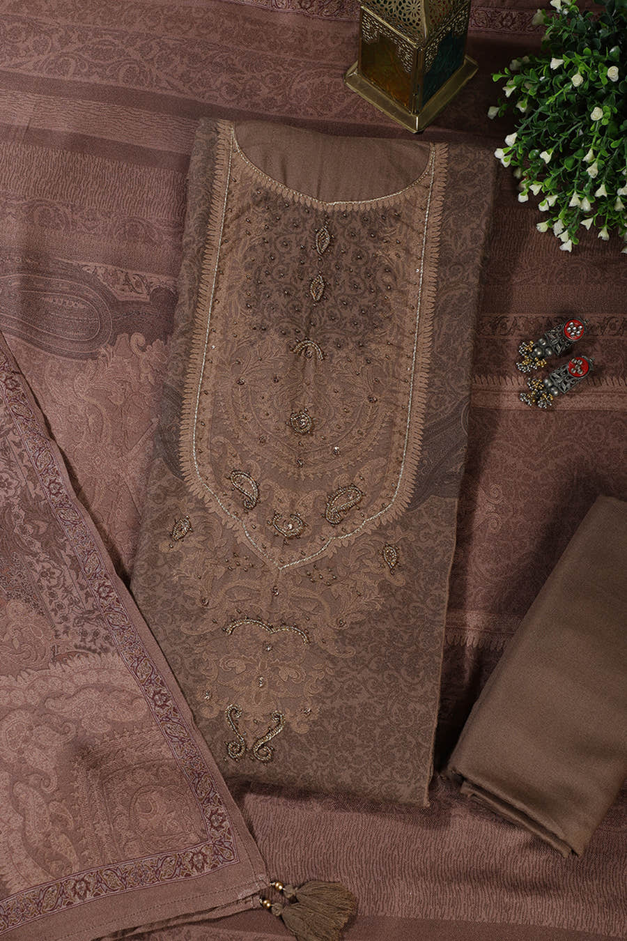 Brown Floral Jaal Printed Spun Unstitched Suit Material