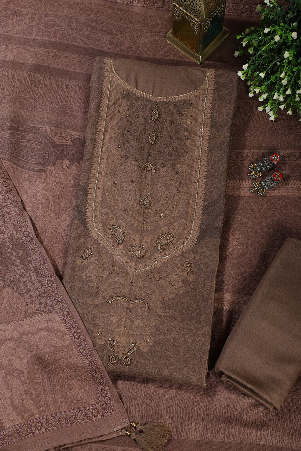 Brown Floral Jaal Printed Spun Unstitched Suit Material