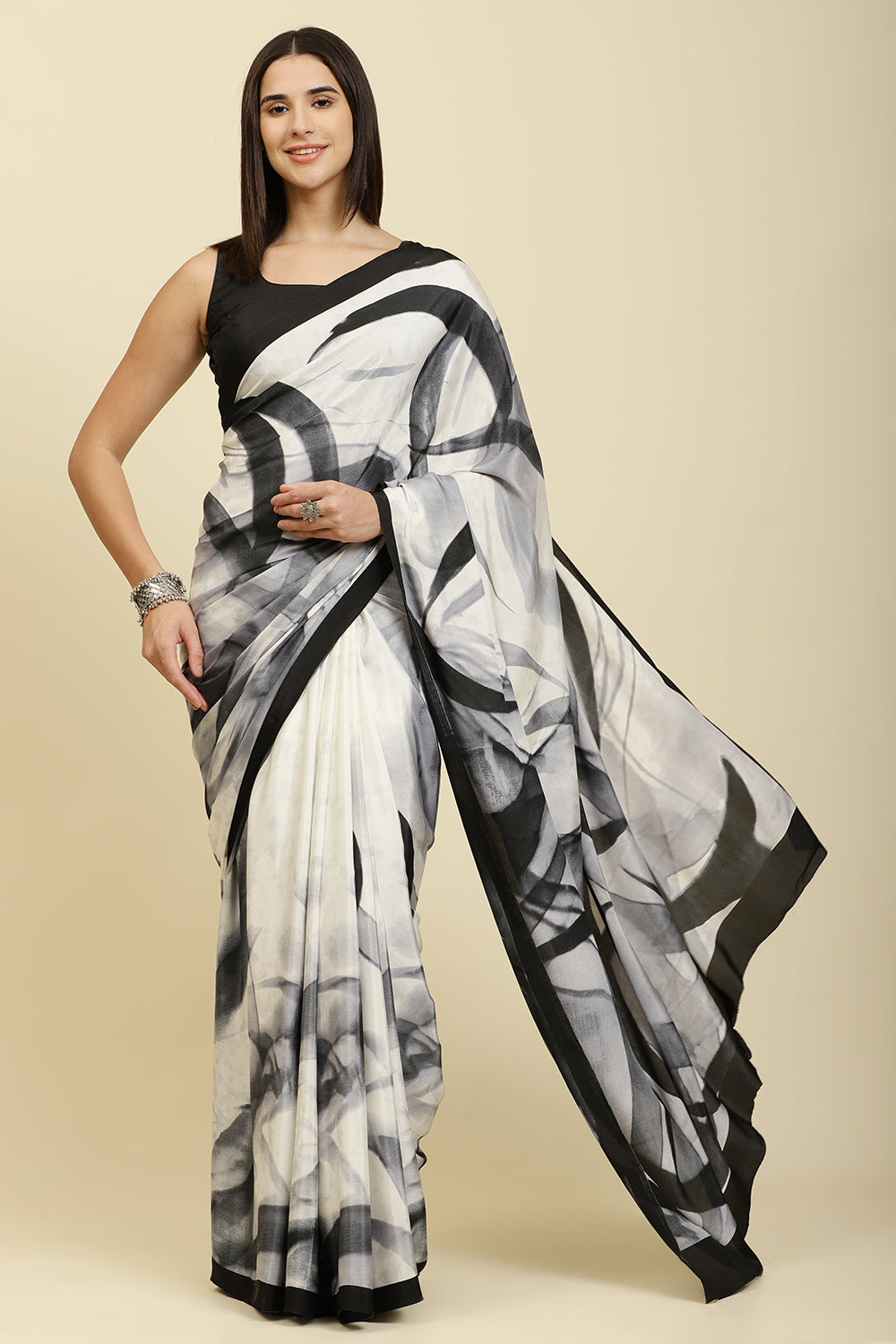 White Printed Crepe Silk Saree