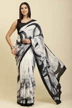 White Printed Crepe Silk Saree