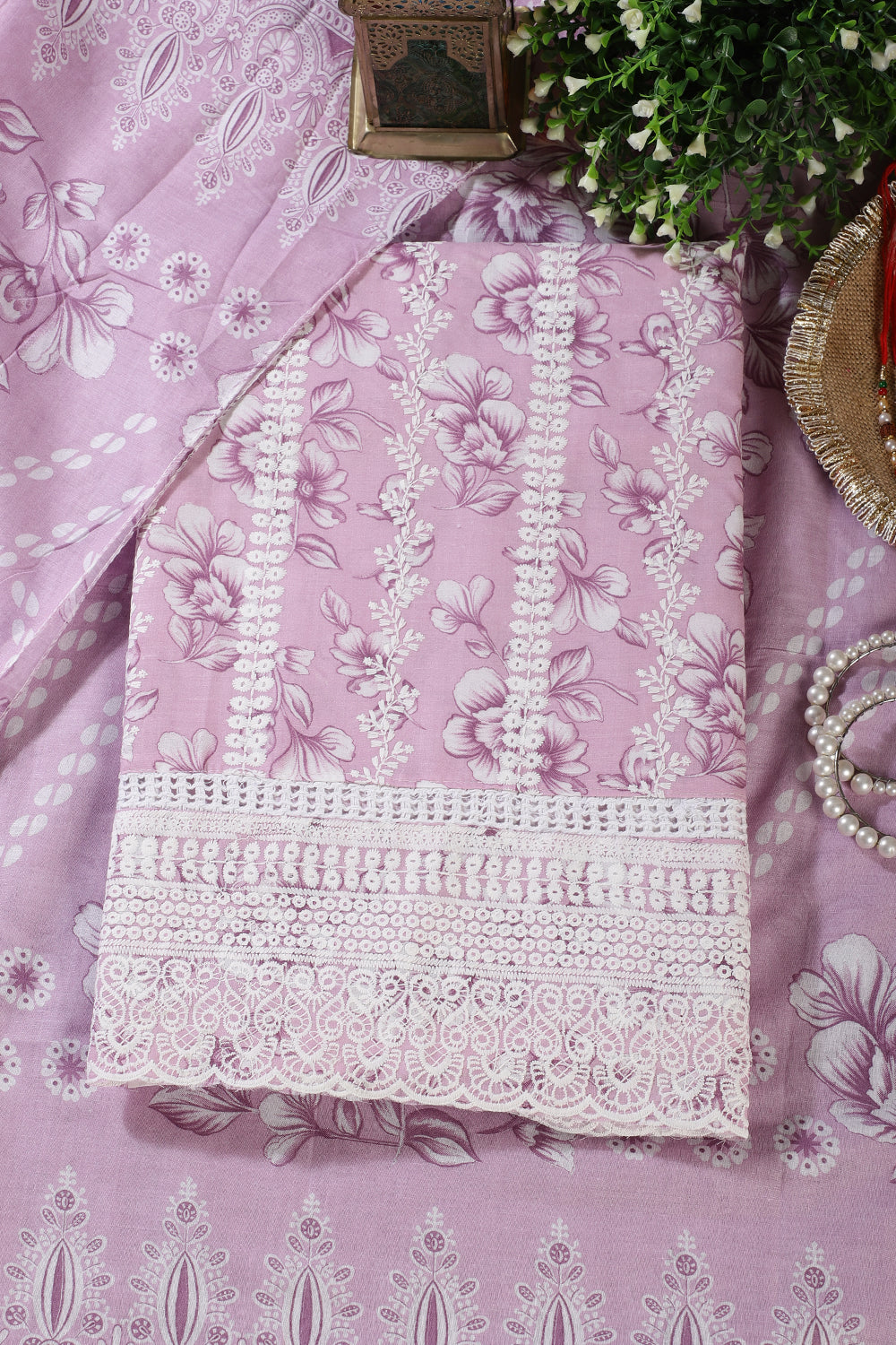 Pink Cotton Floral Printed And Resham Embroidered Unstitched Suit Material