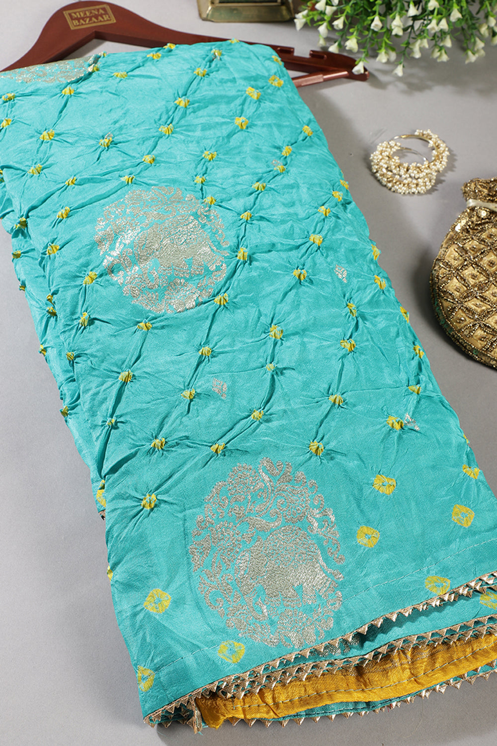 Firozi Color Bandhej Modal Silk Zari Woven Saree