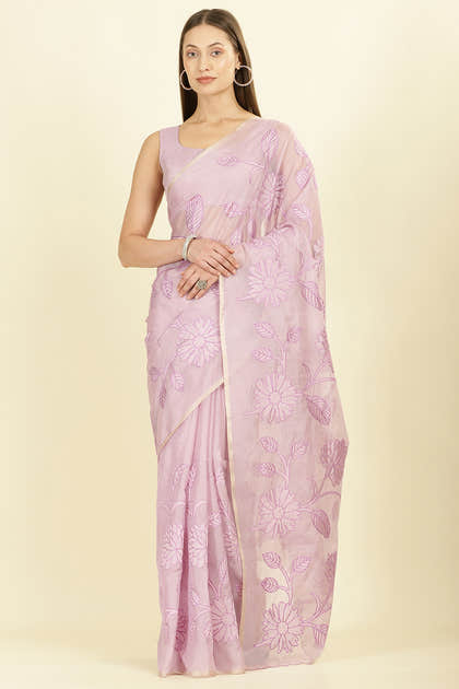 Lavender Cotton Floral Resham Embroidered Saree
