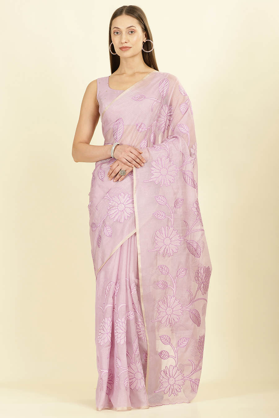 Lavender Cotton Floral Resham Embroidered Saree
