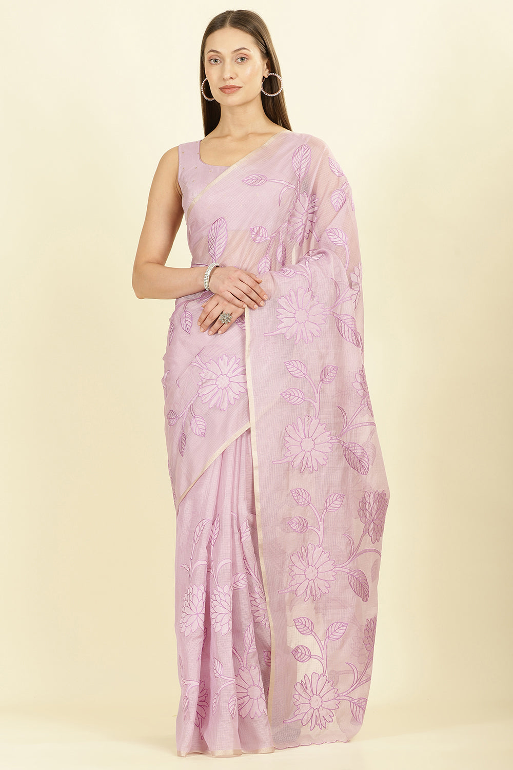 Lavender Cotton Floral Resham Embroidered Saree