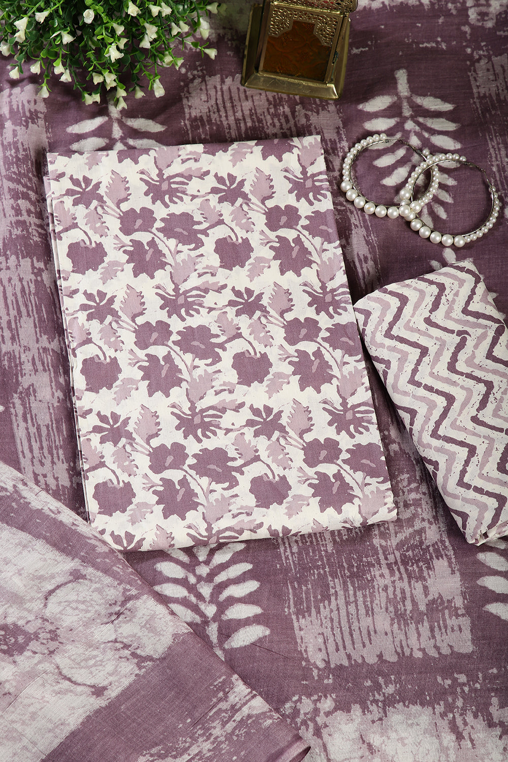 Purple Color Cotton Printed Unstitched Suit