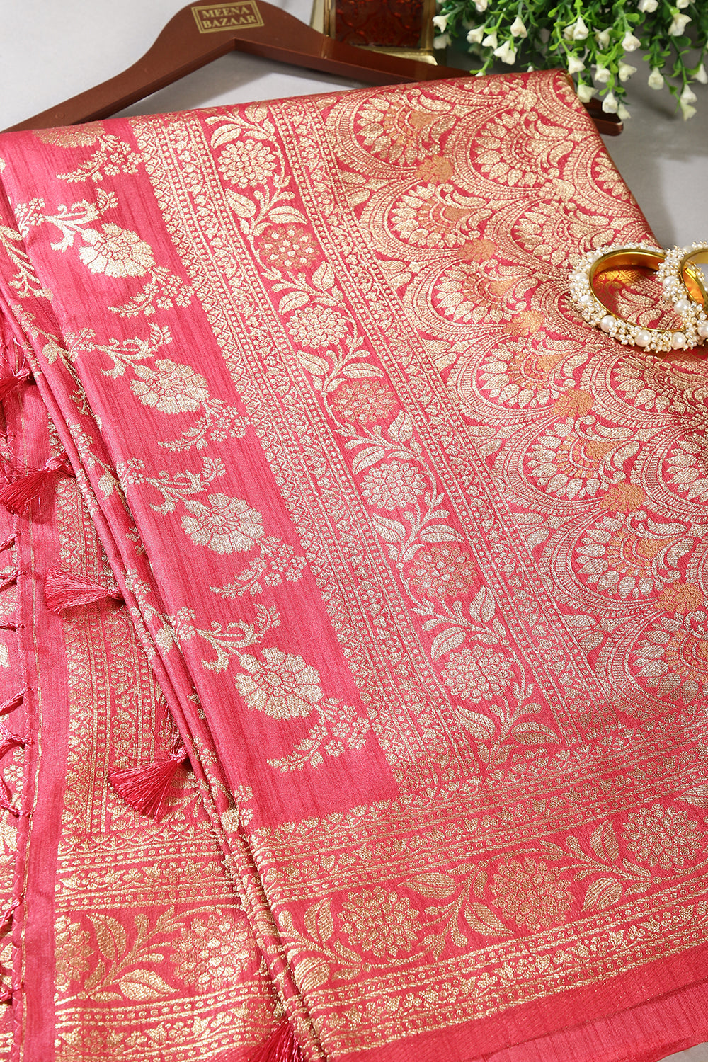 Coral Pink Color Raw Silk Woven Saree