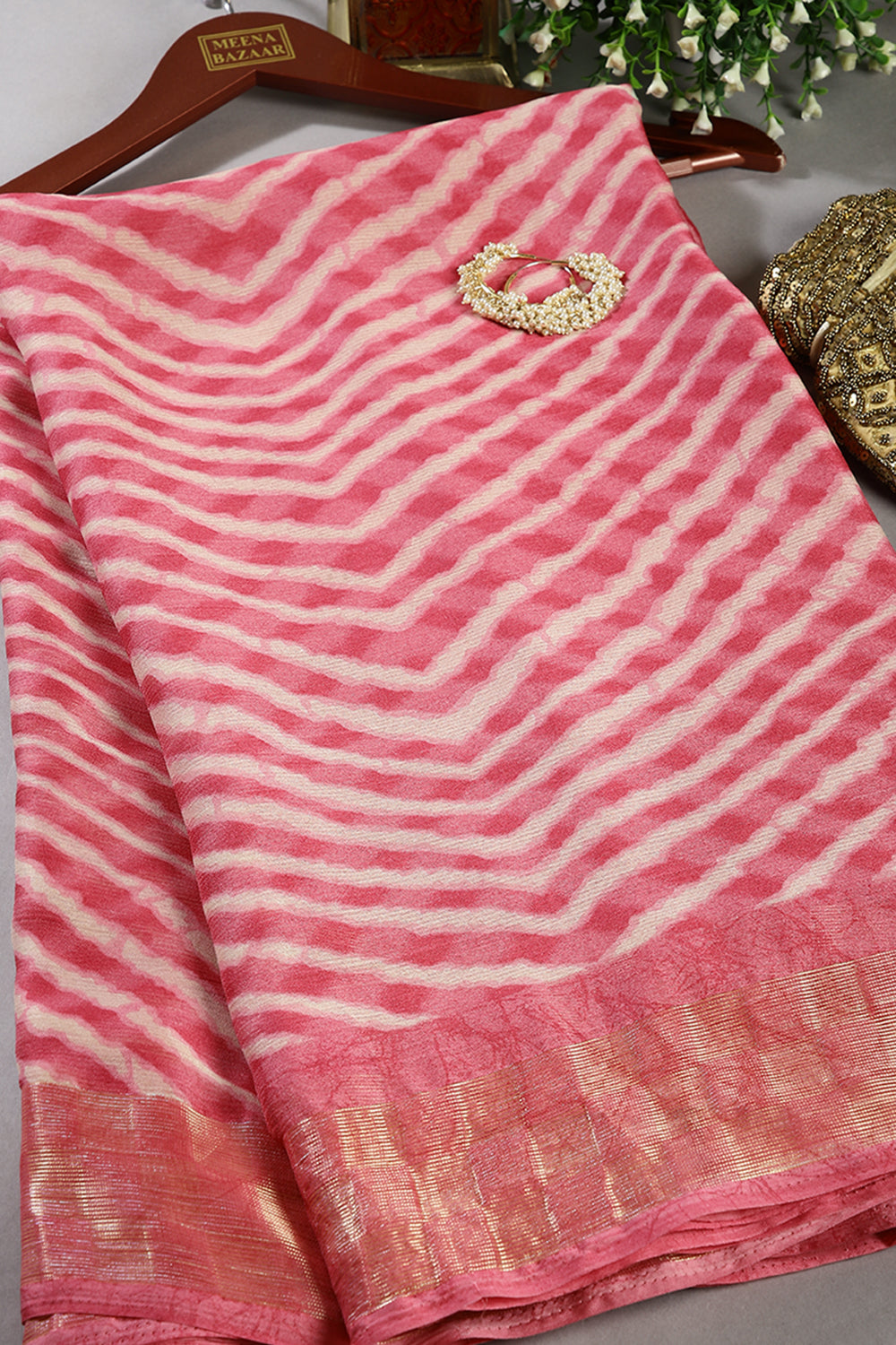Corel Pink Color Chiffon Leheriya Printed Saree