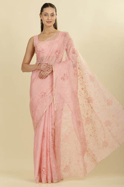 Pink Floral Resham Embroidered Cotton Saree