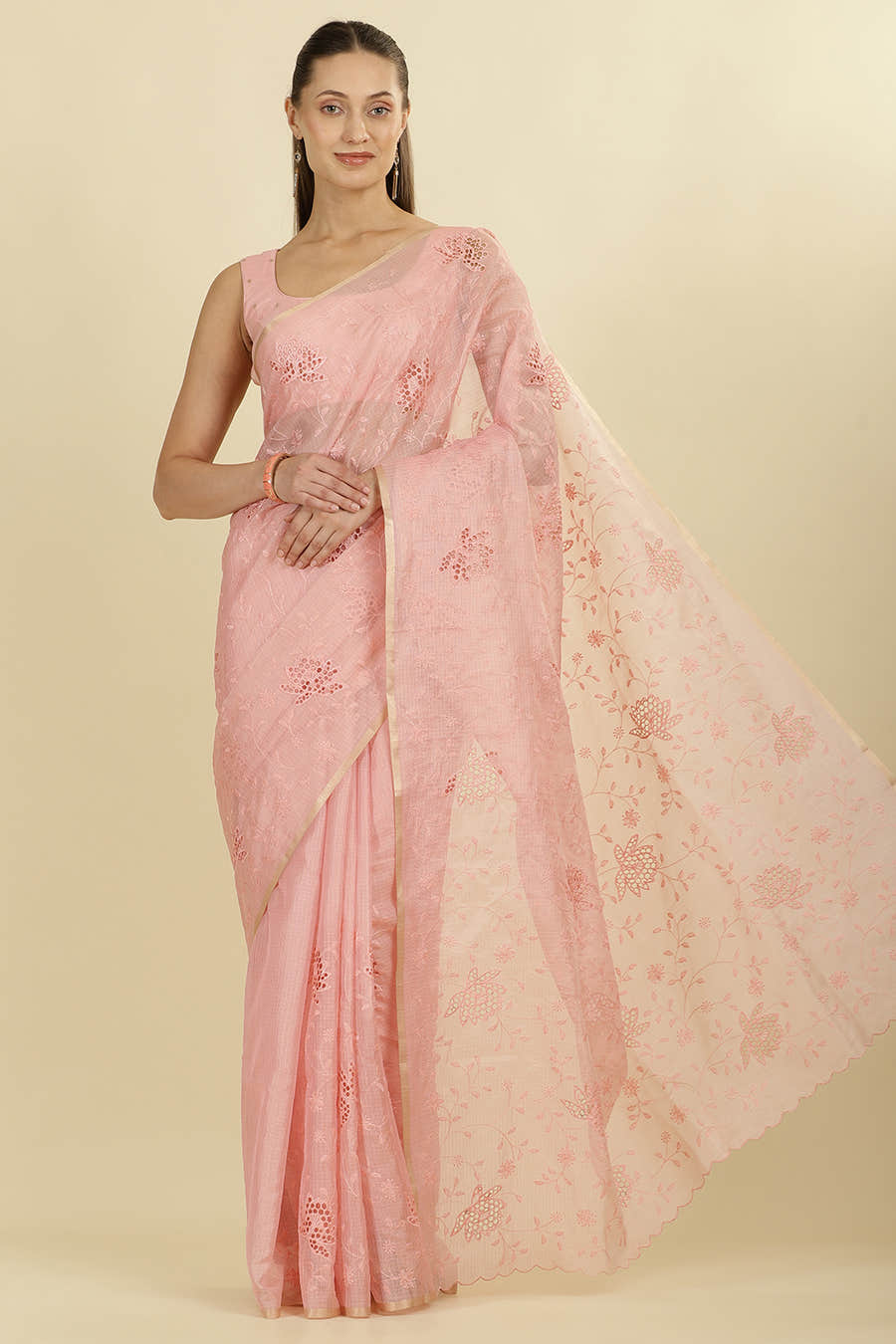 Pink Floral Resham Embroidered Cotton Saree