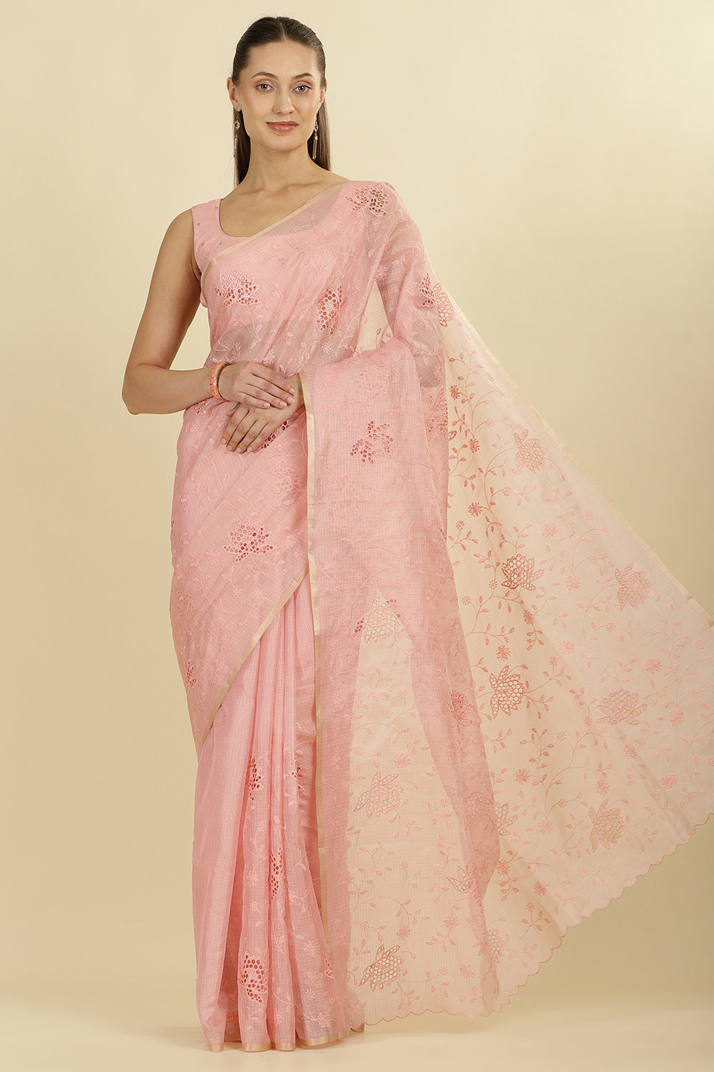 Pink Floral Resham Embroidered Cotton Saree