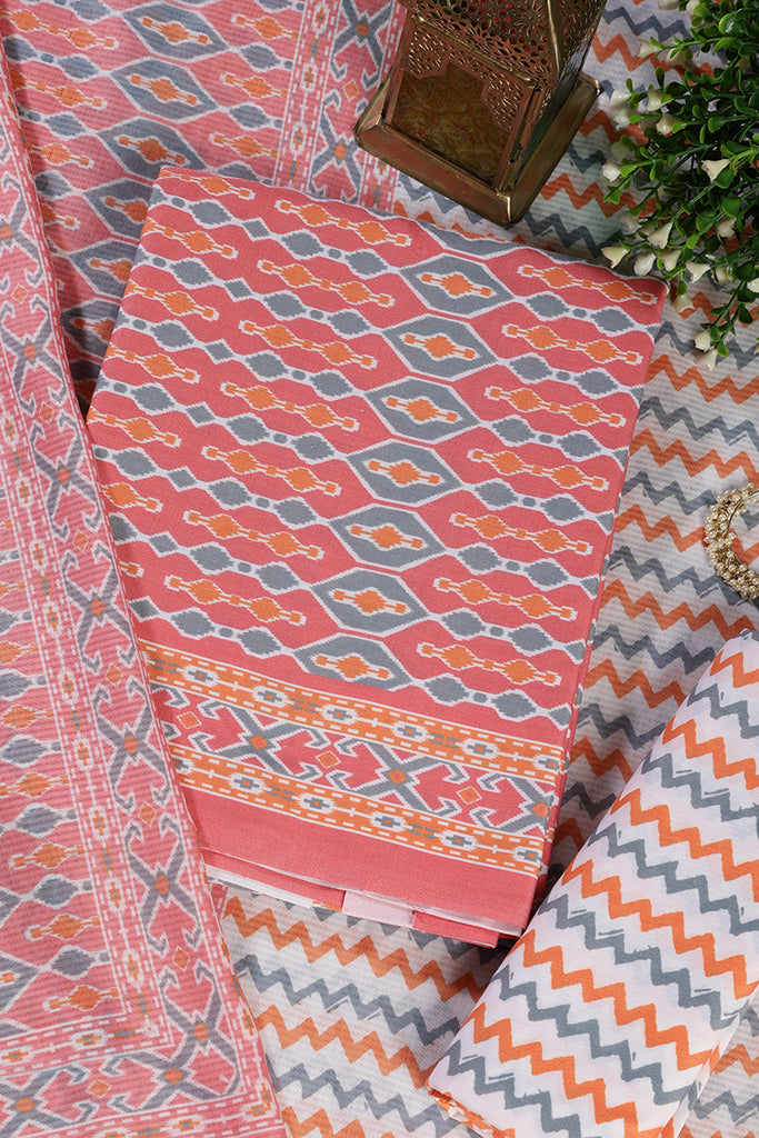 Peach Malmal Cotton Printed Unstitched Suit Material