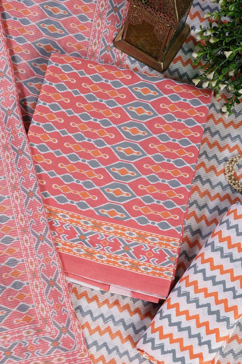 Peach Malmal Cotton Printed Unstitched Suit Material