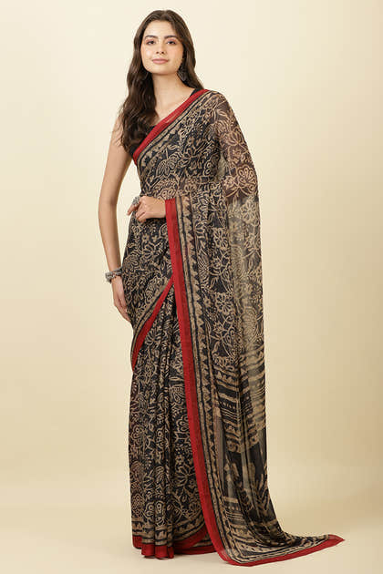 Black  Chiffon Floral Printed Saree