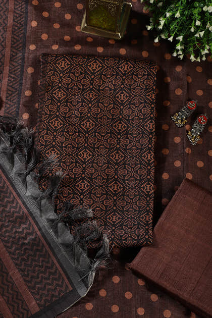 Brown Chanderi Cotton Printed Unstiched Suit Material