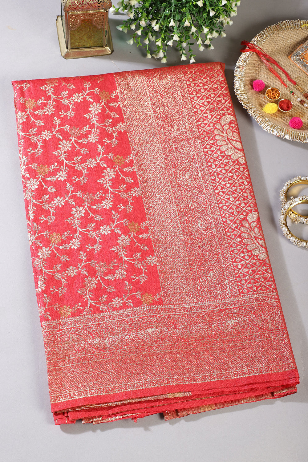 Red Floral Zaal Woven Silk Banarasi Saree